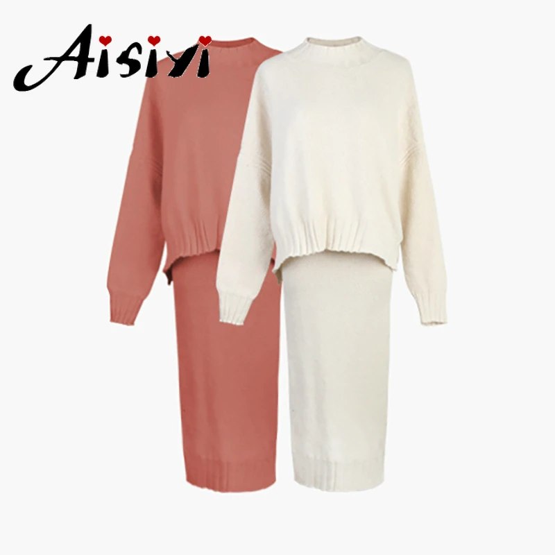 

Aisiyi Knitted 2 Piece Sets Women Long Sleeve Autumn Winter Knit Dresses Women Skinny Slim 2 Pieces Sweater Knitting Pullovers