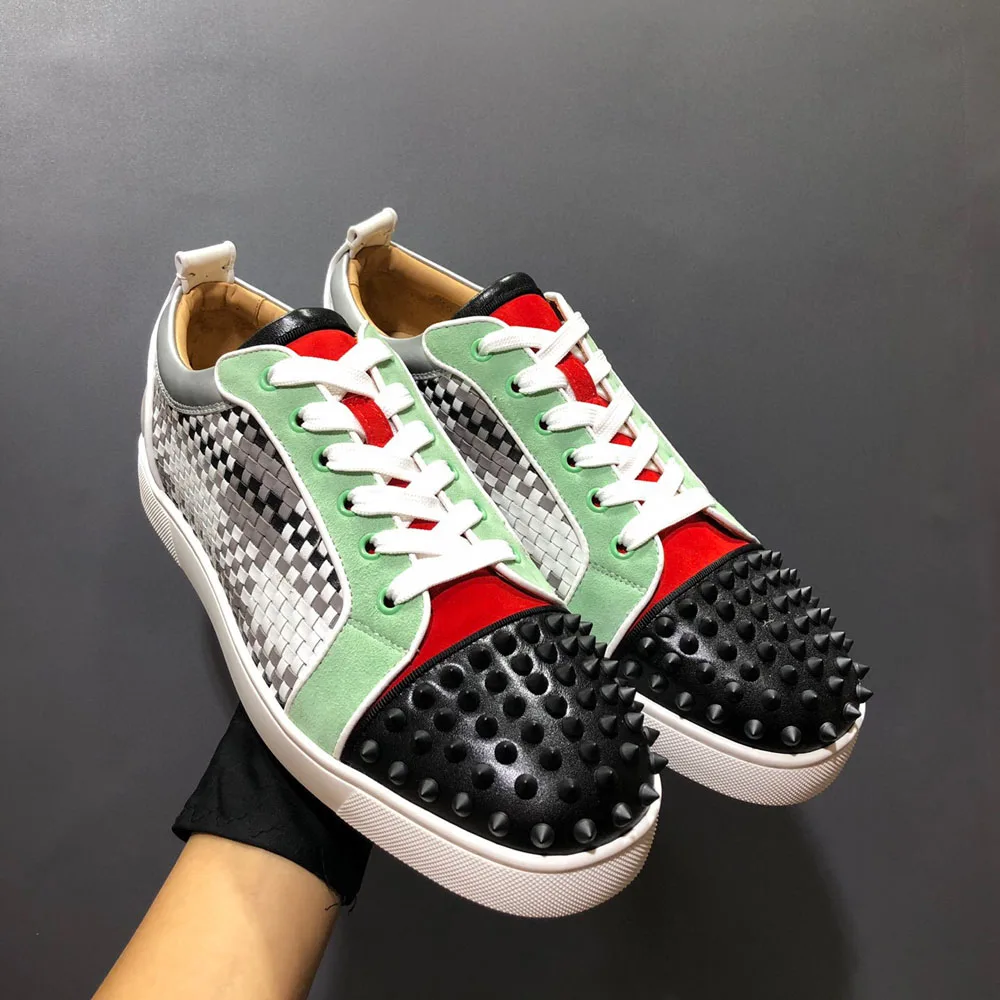 

Color Genuine Cowhide Weaving Leather Red Bottom Men Shoes Black Toe Rivets Luxury Women Casual Loafers Sneakers Driving Shoes