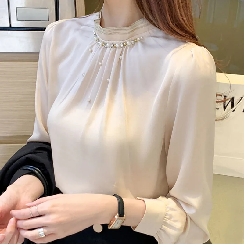 Autumn Long Sleeve Blouse Women Blusas Mujer De Moda 2021 Beading Stand Collar Chiffon Shirt Top Clothes Blusa D537 | Женская одежда