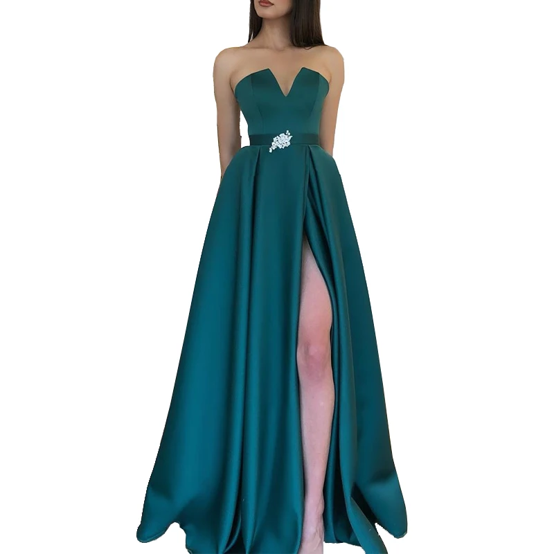 Женское атласное вечернее платье длинное трапеция без рукавов с высоким