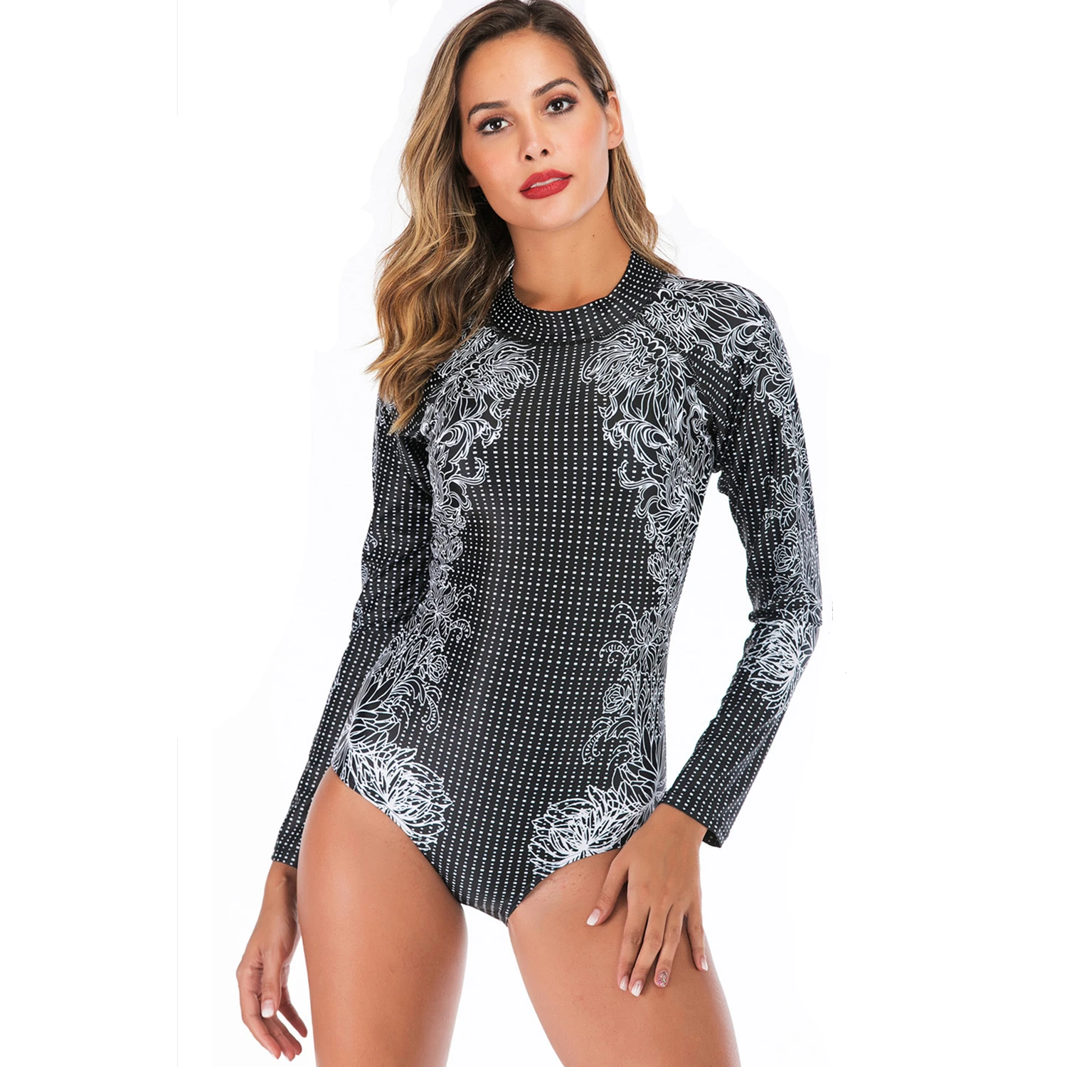 

Sexy Women Rash Guards Swimwear Swimsuit Black Dots One Piece Bodysuits Beachwear Surfing Diving Summer Long Sleeve Bathing Suit