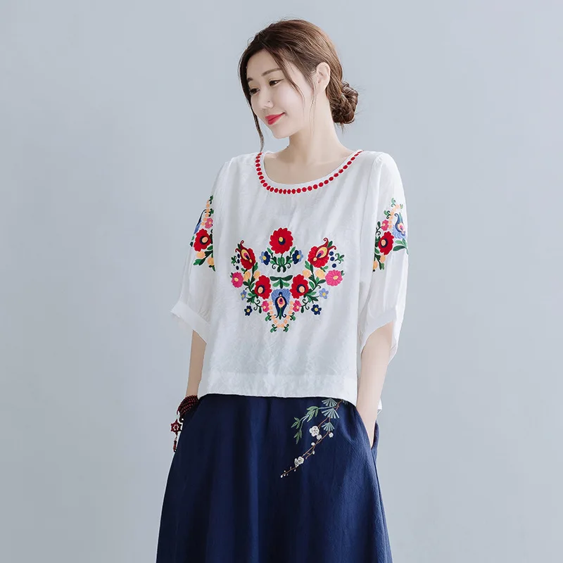 

Floral Embroidered Shirt Summer 2021 New National Style Loose O-neck Blouse Traditional Chinese Clothing for Women