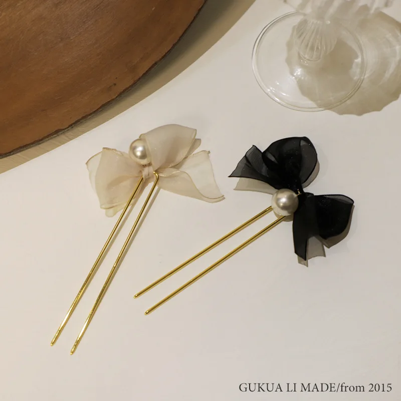 

Шпилька для волос в виде банта из сетчатой пряжи, аксессуары для волос с U-образным зажимом и жемчугом, женские заколки