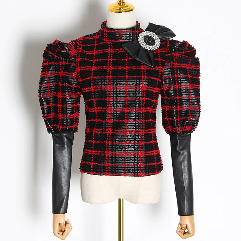 Лоскутные с бантом из искусственной кожи клетчатые блузки со стоячим воротником