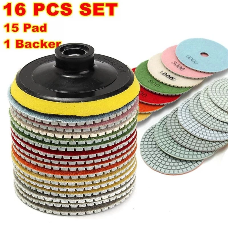 

16pcs Diamond Polishing Pads Kit 4 inch 100mm Wet/Dry for Granite Stone Concrete Marble Polishing Use Grinding Discs Set