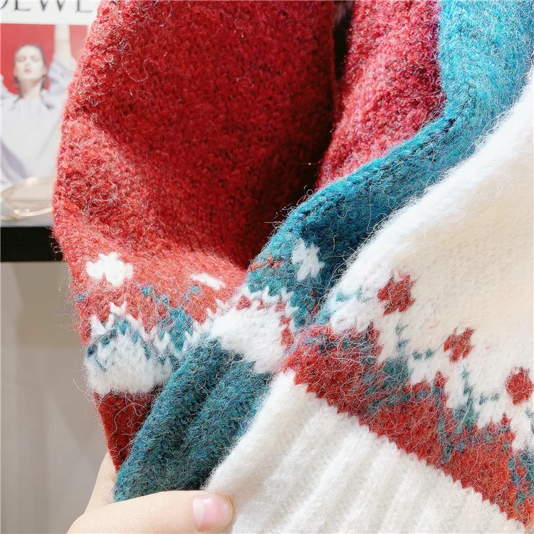 

Red Christmas Snowflake Pullover Sweater Women Winter New Thicken Casual Soft Loose Round Neck Long Sleeves Knitted Top