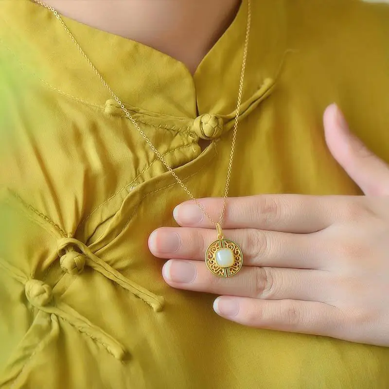 

Original Chinese Hollow Enamel Natural Hetian Jade Pendant Necklace Retro Exquisite Court Charm Women's Silver Jewelry