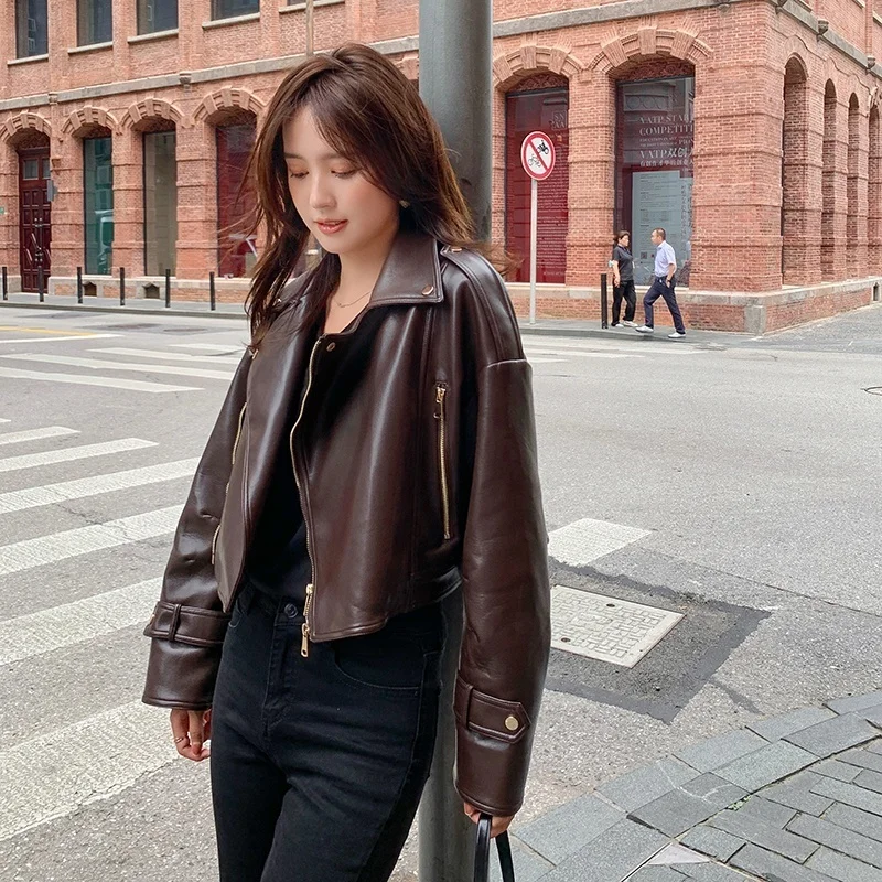 

Spot Goods Main Promotion Data 2021 Spring Autumn Short Brown Leather Clothing Multiple Zippers Lapel Jacket Locomotive Style