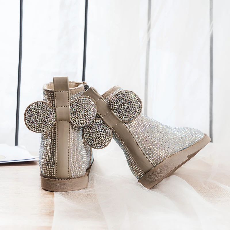 Ботинки для девочек со стразами модная детская обувь на зиму весну осень Широкие