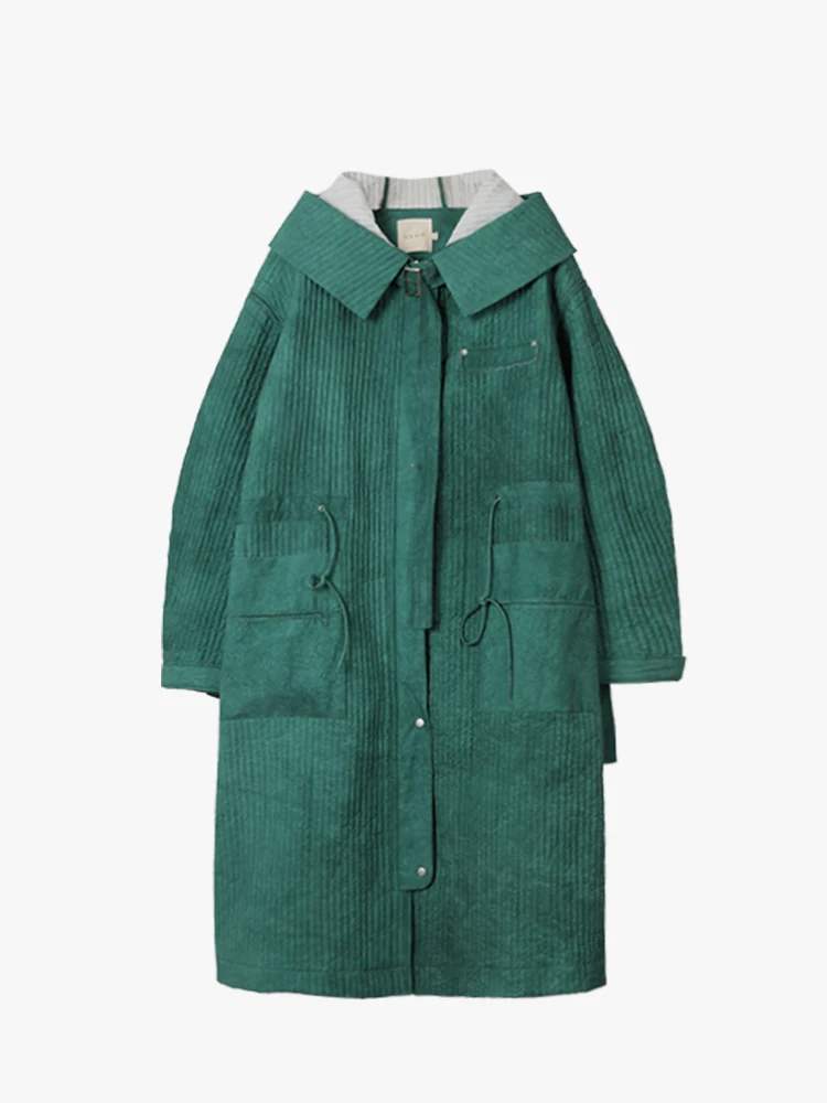 Design New Original Autumn Winter Women Casual Oversized Striped Long Green Cotton Padded Warm Hooded Parkas Jacket | Женская одежда