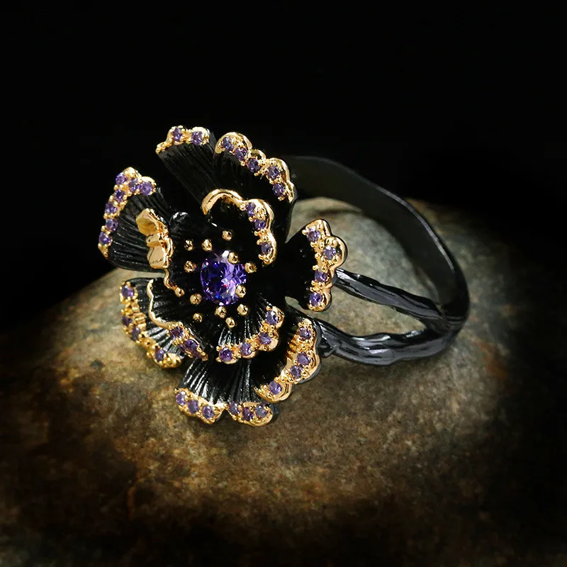 

Charm Female Purple Crystal Hollow Ring Vintage 14KT Black Gold Wedding Ring Luxury Zircon Flower Engagement Rings For Women