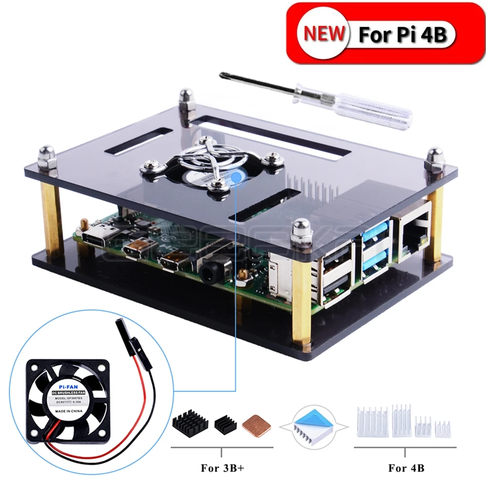Прозрачный/темно-коричневый акриловый чехол GeeekPi для Raspberry Pi 4 Модель B, чехол с охлаждающим вентилятором для платы Raspberry Pi 4B/3B+/3B/2B