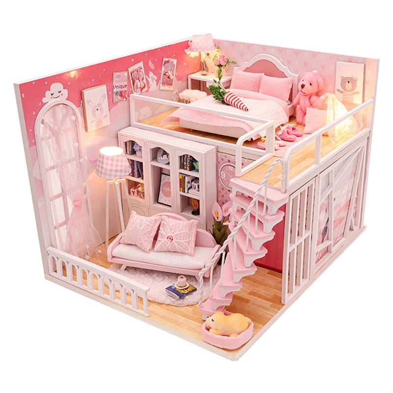 

DIY Wooden Dollhouse Pink Loft Roombox Villa Assembled Miniature with Furniture Kits Doll House 3D Casa Toys for Girl Adult Gift