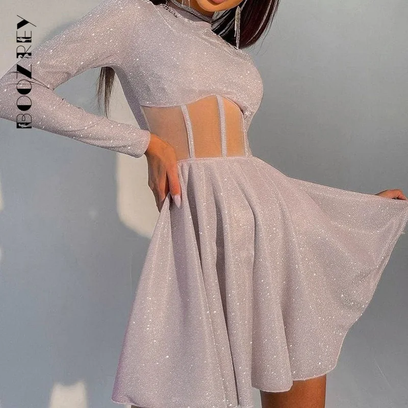 

BoozRey Bright Silk Long Sleeve Dress Gothic Waist Mesh Hollow Dress Spring Autumn Slim A-line Skirt Prom Party Dance Clothing