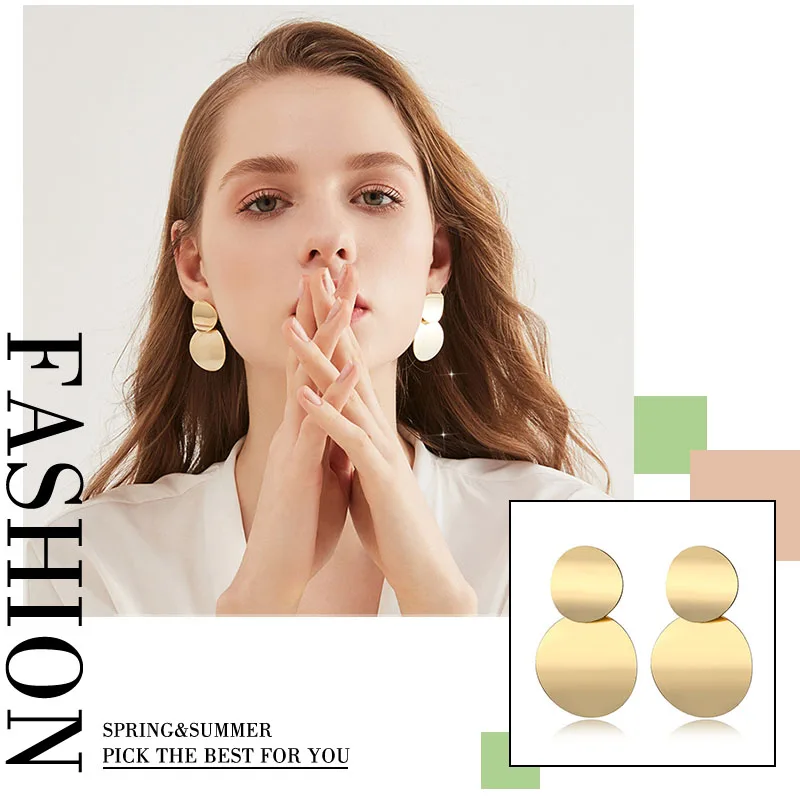 Женские серьги с круглой подвеской в виде сердца большие золотые геометрические