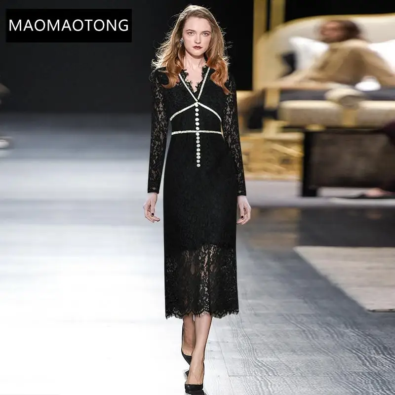 

Women's Clothing Women's Clothing Fashion Dress Spring Women Dress V-neck Long Sleeve Beaded Crystal Slim Black Lace Dresses