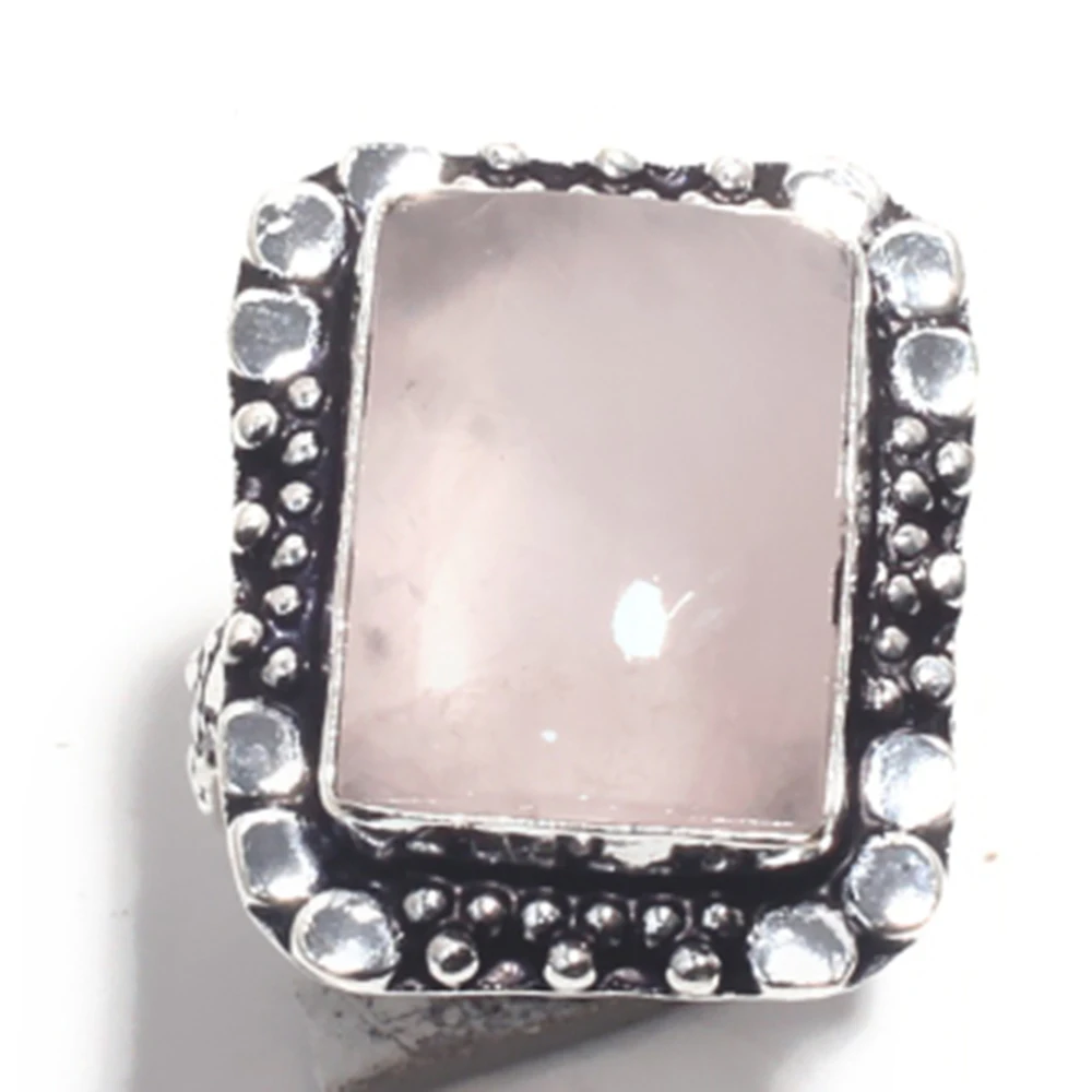 

Genuine Rose Quartz Ring Silver Overlay over Copper , Hand Made Women Jewelry gift , Size: 8