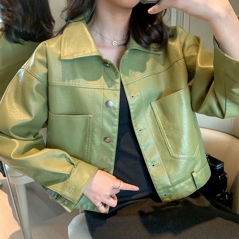 

Korean Loose Red Green Fake Leather Jacket Women Spring 2021 Short Casual Big pocket Motorcycle Biker Jacket Female Cropped Coat