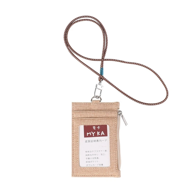 

Unisex Business Card Holder Wallet with Cotton Linen Lanyard Neck Strap Faux Leather ID Badge Case Zipper Wallet Pocket