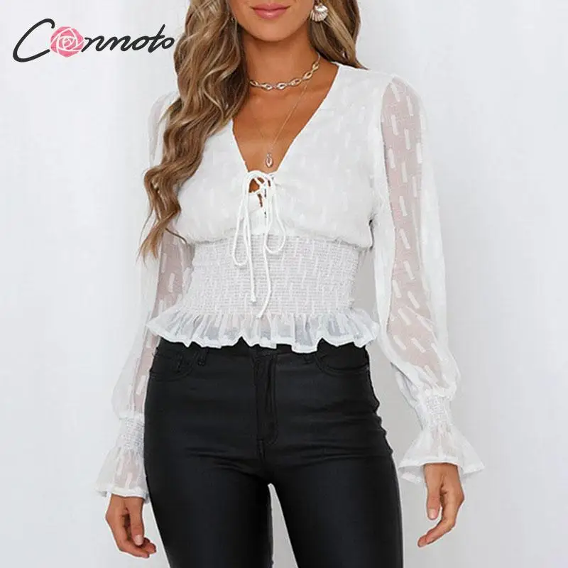 Conmoto/модные белые женские топы с v образным вырезом и блузка 2019 осенне зимняя