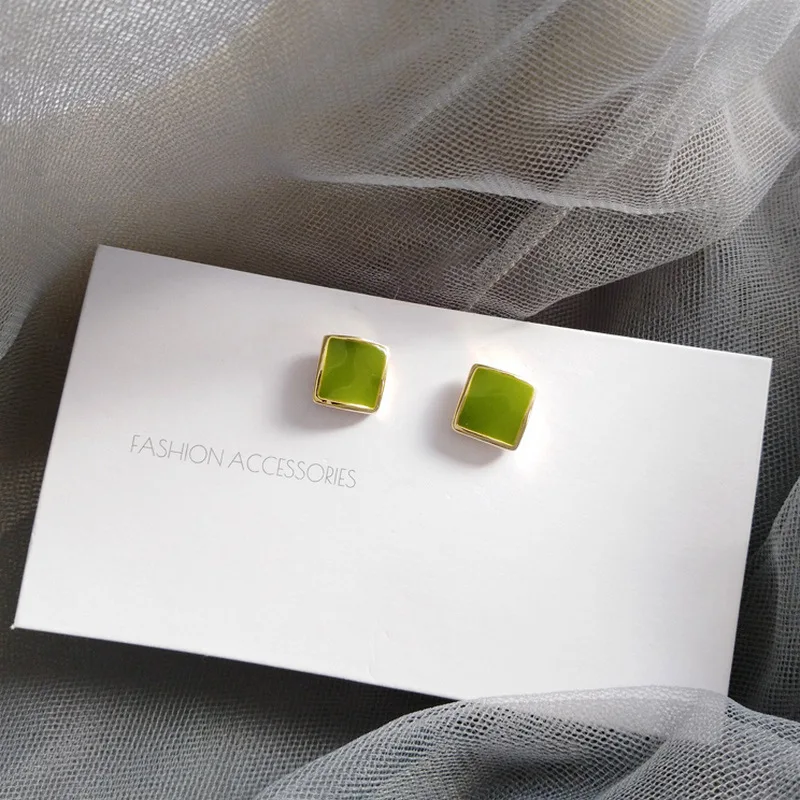 S925 иглы маленькие серьги Нежный дизайн золотой квадрат довольно зеленая Эмаль