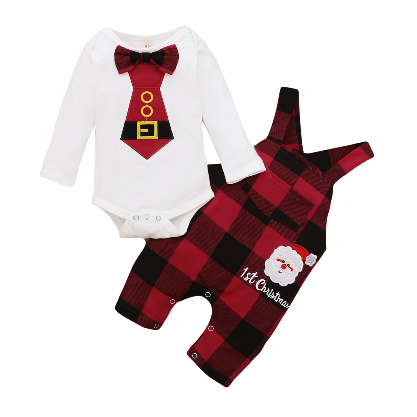 

2021 Baby Boys 1st Christmas Clothing Set Long Sleeve Tie Rompers Plaid Overalls Pant 2Pc Infant Kids Casual Outfits
