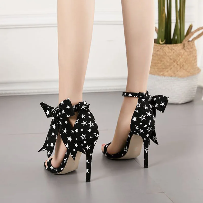 

Hot 2020 Spring and Summer New Style Mixed Colors Bow A- Line with Large Size Sexy High Heels Star Sandals Women's Women Sandals