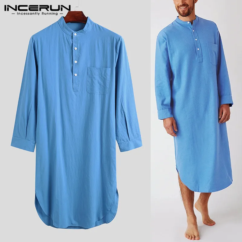

INCERUN Men's Sleep Robes Solid Color Long Sleeve Round Neck Leisure Nightgown Mens Homewear Cotton Comfort Bathrobes Plus Size