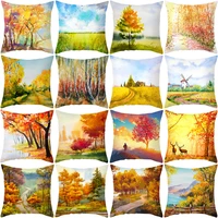 2021 new fashion peach skin velvet autumn forest scenery sofa pillow cases yellow field farmhouse home decor car cushion cover