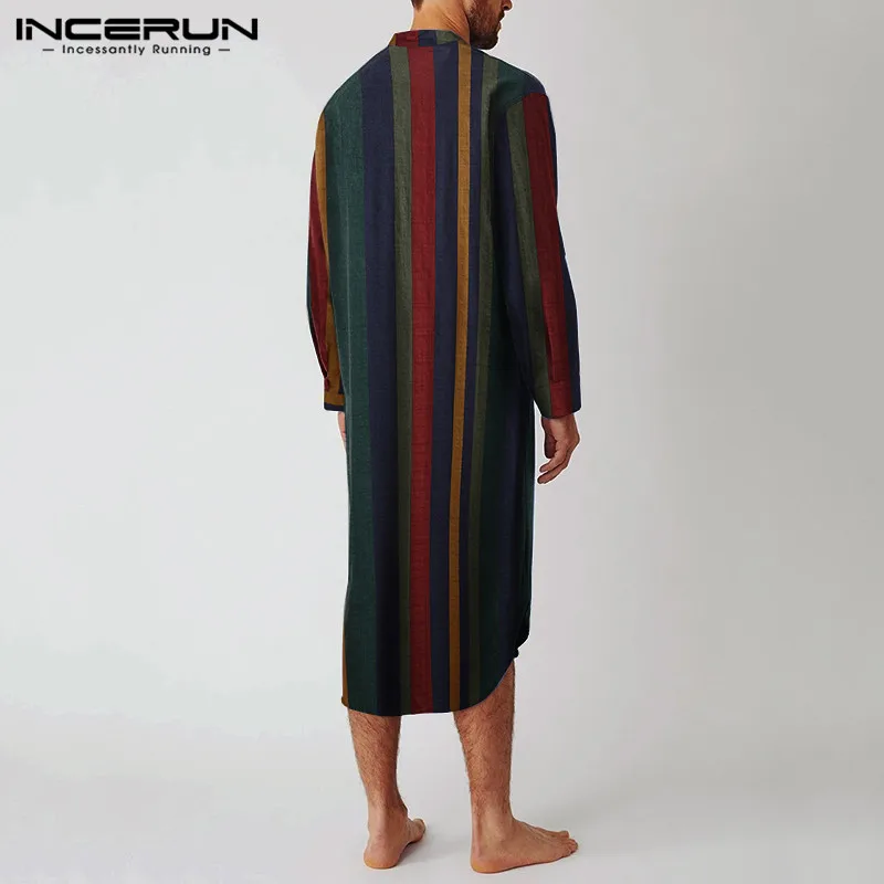 INCERUN Vintage Striped Sleep Robes Men Fashion Long Sleeve Sleepwear Stand Collar Buttons Nightgown Man Loose Cotton Bathrobes