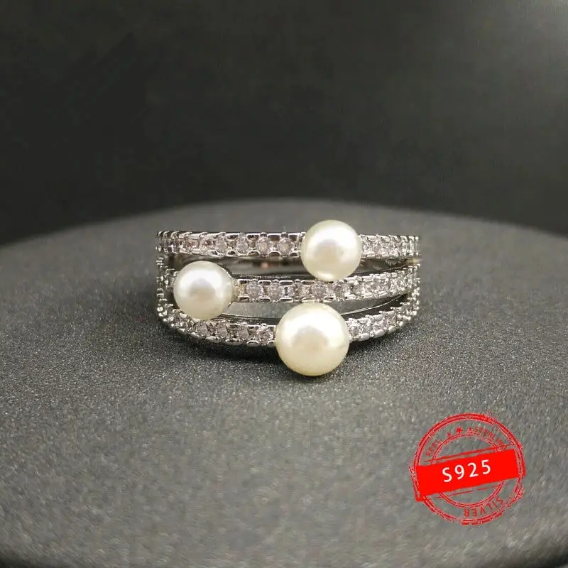 

S925 Sterling Silver Ring White Gold Multi-Circle Pearl Ring Women Simple Fashion Ring European and American Style Gift