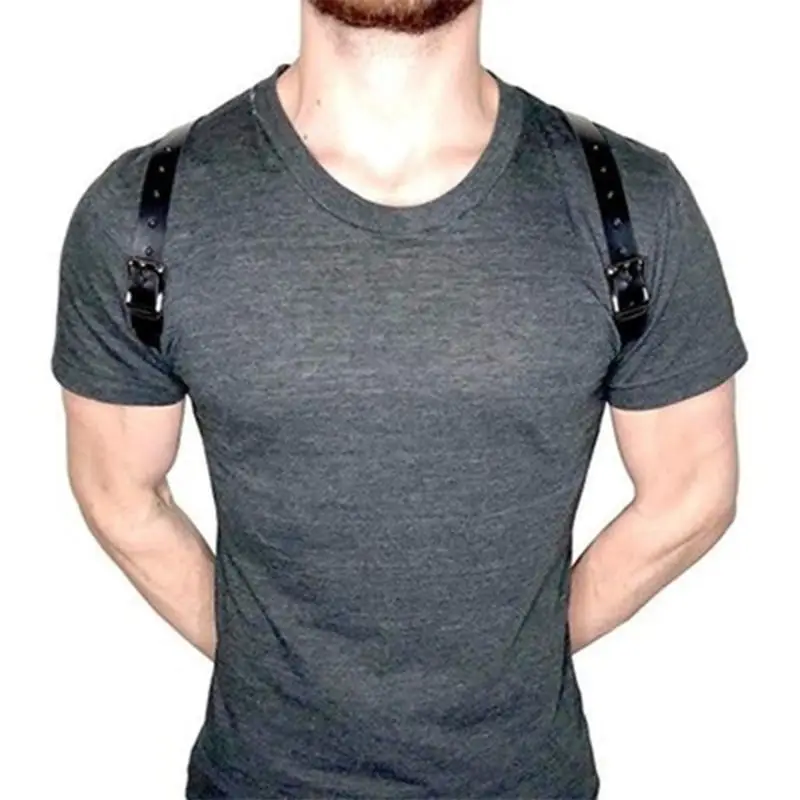 

H58E Mens Faux Leather Punk Body Chest Harness Cage Belt Adjustable Needle Buckle Cosplay Costume with O-Rings Studded Strap