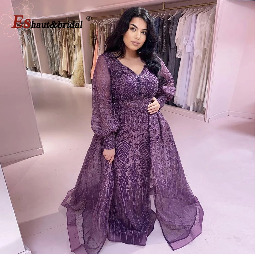 

Dubai Full Lace Long Flared Sleeves Evening Dress 2020 Mermaid V-Neck Crystal Handmade Arabic Formal Party Gown