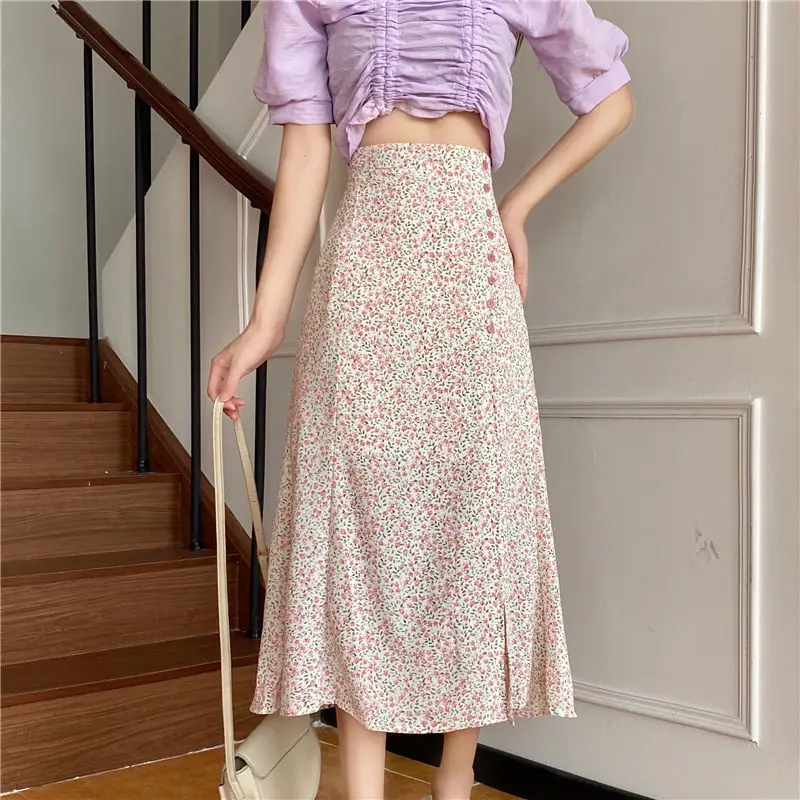 

Skirts Women Summer Harajuku Split High Waist Floral Fashion A-line Casual Loose Lady Clothes Vintage All-match Kawaii Saia Chic