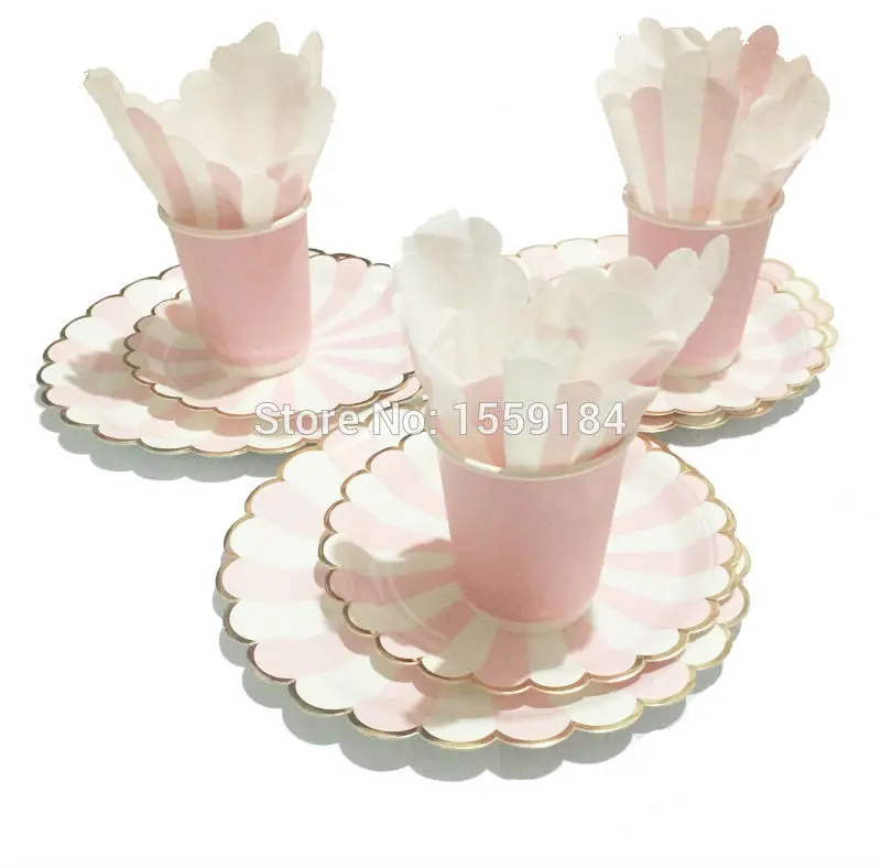 Meri Party Tableware Set Light Pink with Foil Gold Paper Cups Plates Napkins for Birthday Baby Shower 46pcs/lot | Дом и сад