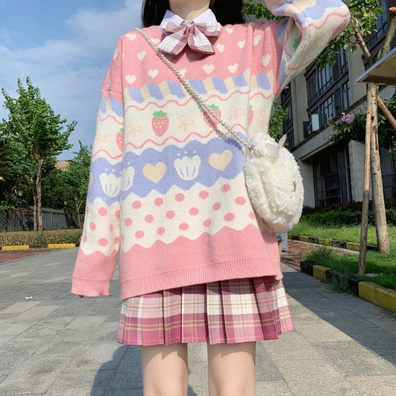 

SHZQ Japanese Kawaii Knitting Sweater Women Cute Strawberry Printing Long Sleeve Pullover New Autumn Winter Vintage Pink Knittin