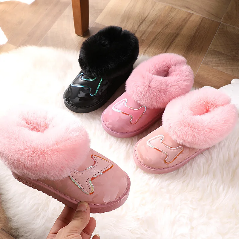 Botas de nieve para ni&ntilde;os, zapatos c&aacute;lidos sin cordones con forro de piel, impermeables para caminar, para invierno-4