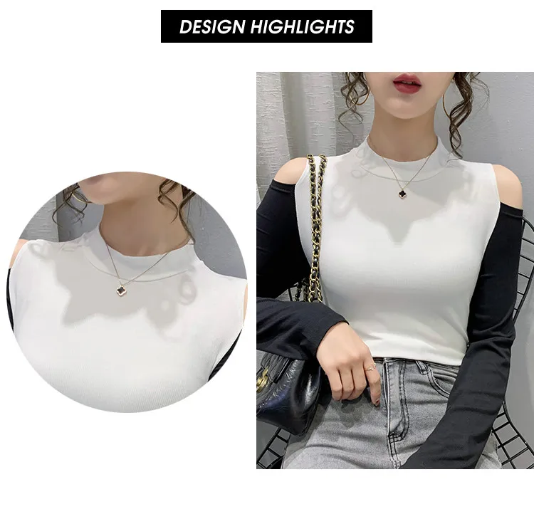 

Spring Fall Korean Clothes Cotton T-Shirt Fashion Color Blocking Sexy Mock Neck Off Shoulder Women Tops Long Sleeve Tees T17720A