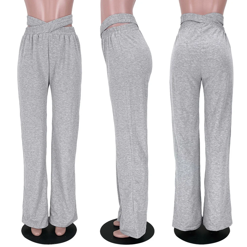 

Summer Criss-cross High Waist Wide Leg Trouser Women Fashion Sportswear Workout Straight Pant Active Wear Running Boot Cut Pant