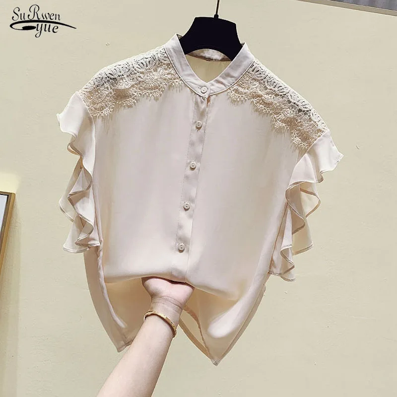

Short-sleeved Chiffon Shirt Women 2021 Summer Fashion Lace Top Loose Lotus Leaf Sleeve Stitching Folds Casual Blouses 15005