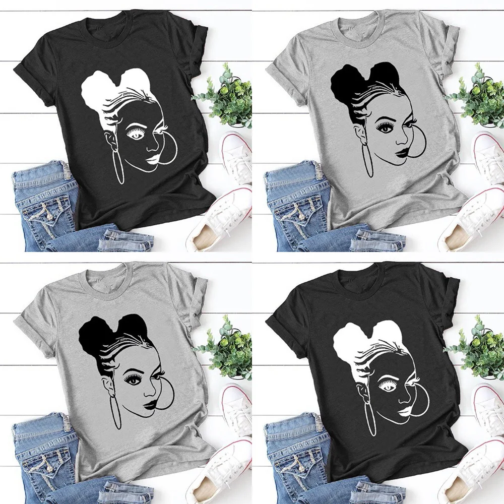 

African Girl Print T Shirt Women Short Sleeve O Neck Loose Tshirt Summer Women Tee Shirt Tops Camisetas Mujer Cute Tee