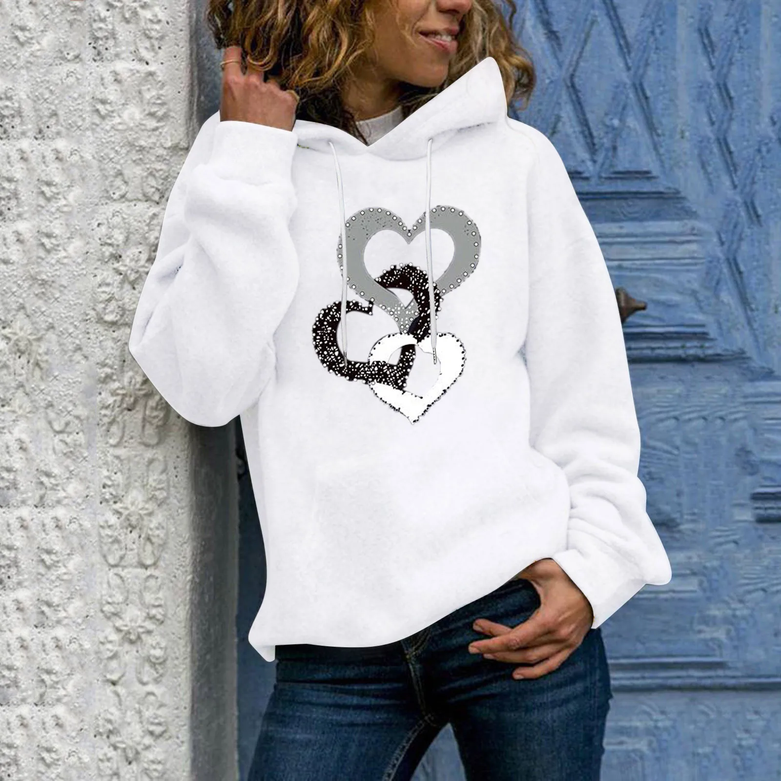 2021 Hoodies Women's Fashion New Stitching Hearts Print Long-Sleeve Hooded Sweatshirt Tops Fashion Sweatshirt женское платье