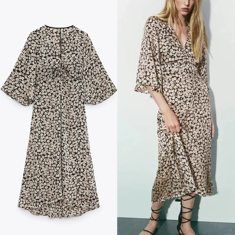 

Za 2021 Print Draped Long Dresses Woman Vintage Full Sleeves Ruching Party Dress Fashion Side Zip Womens Gathered Floral Dress