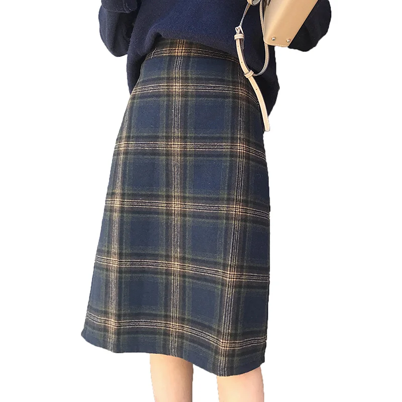 

Autumn and winter mid-length skirt retro high waist plus size plaid woolen skirt girl thick skirt korean style plaid skirt