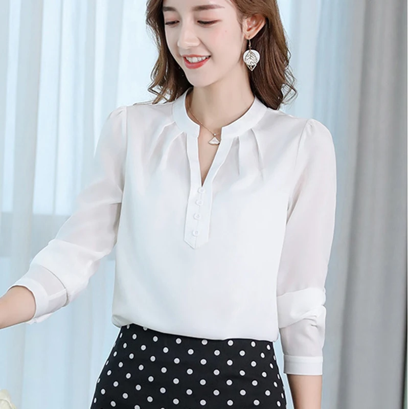 2021 fashion summer black white loose shirt casual korean style womens tops V neck chiffon long sleeve women blouses blusas c97