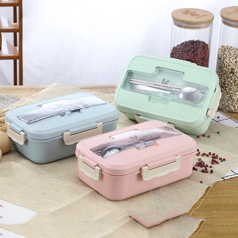 

Creative Lunch Box Wheat Straw Dinnerware Microwave Bento Lunch Box Food Container Student Spoon Chopsticks Three Compartment