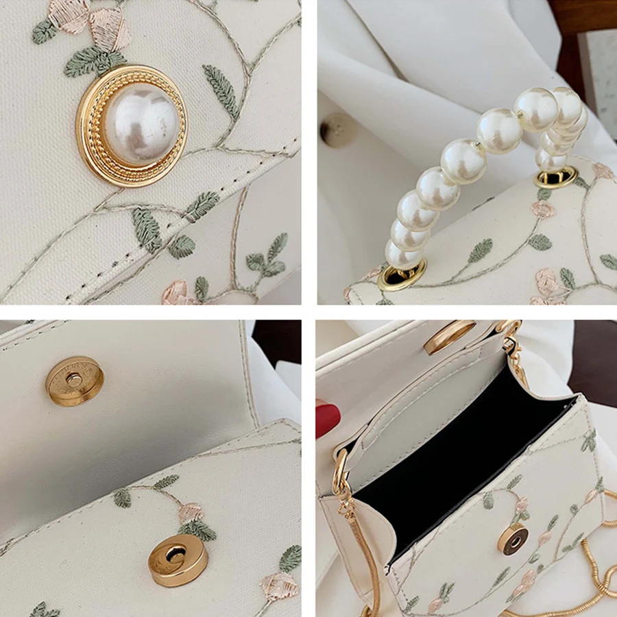 

Pearl handle Crossbody bags For Women Embroidery Luxury Handbags Ladies Chain Shoulder Bag Pu Leather Small Flap Bag Bolso Mujer
