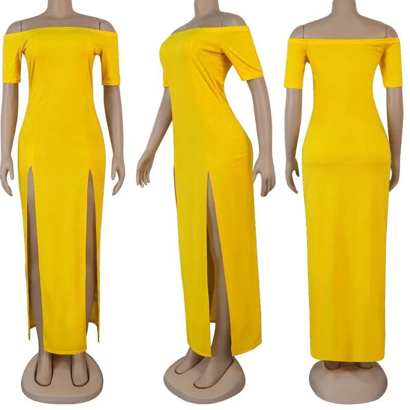 

2020 New Fashion Women Summer Dress Sexy High Split Off The Shoulder Maxi Fit and Flare Dresses Women Vestidos