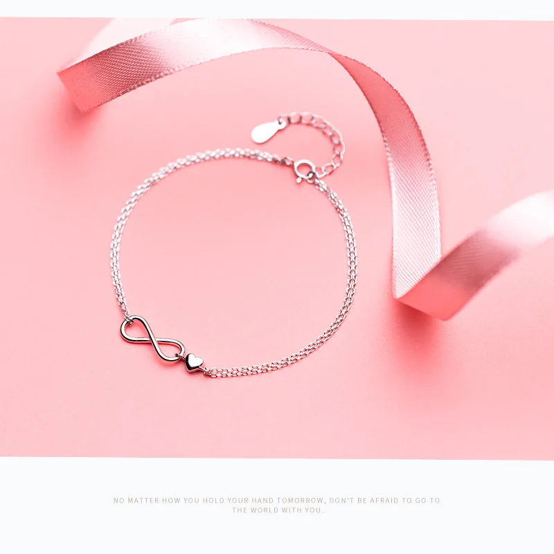 ElfoPlataSi 100% 925 Real Sterling Silver Elegant Double Layer Infinity Heart Bracelet 17cm For Gift Girls Lady XY709 | Украшения и