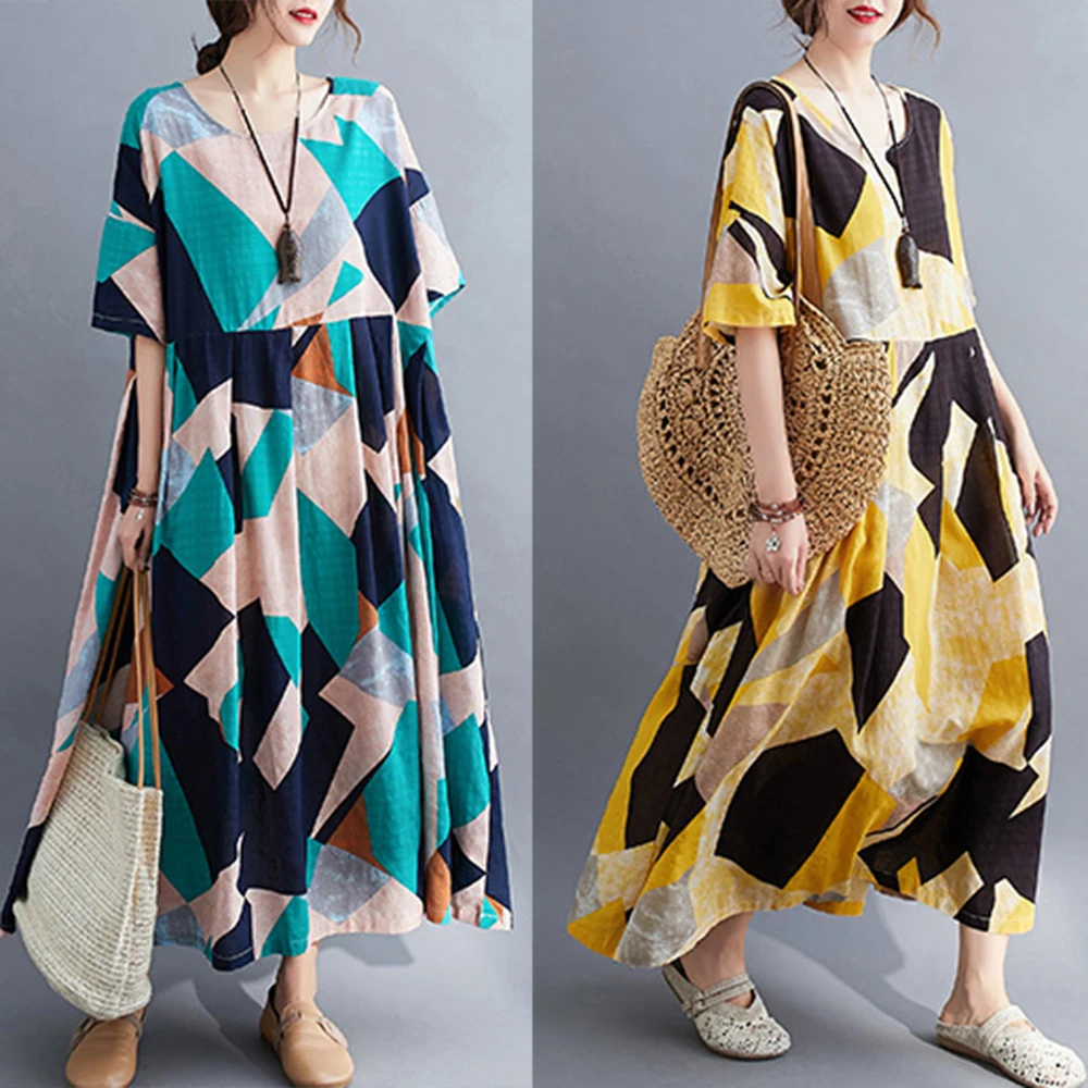 

Summer Women Vintage Loose Dress Geometrical Print Contrast Color Half Sleeves Boho Holiday Dress Casual Woman Dresses